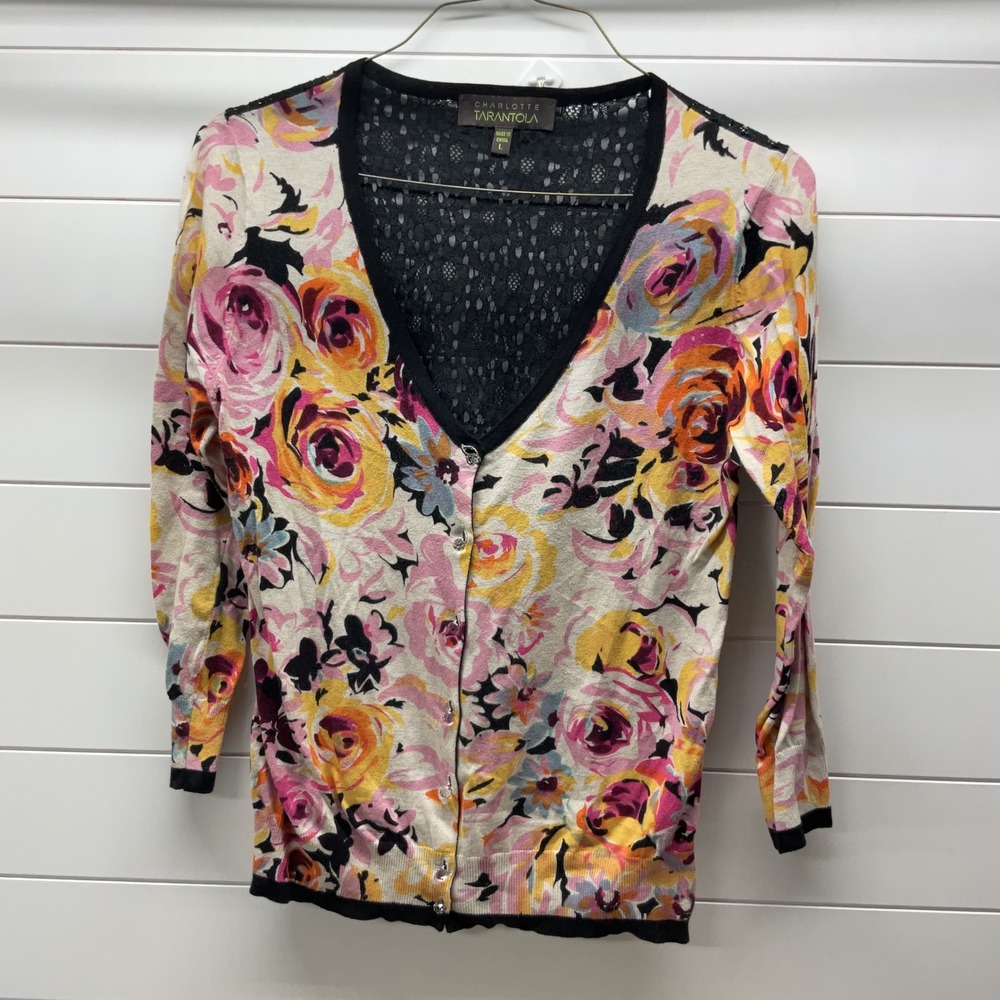 Charlotte Tarantola Floral Lace Back Cardigan Womens Large Pink Yellow 60877